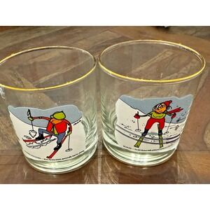 Ski Winter Themed Whiskey Glasses Low Ball Gold Tone Rim Set of 2